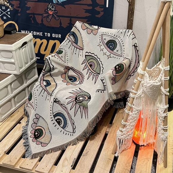 All Eyes On Me Boho Woven Jacquard Throw Blanket Tapestry Bohemian Decor 50×60IN - Picture 1 of 7